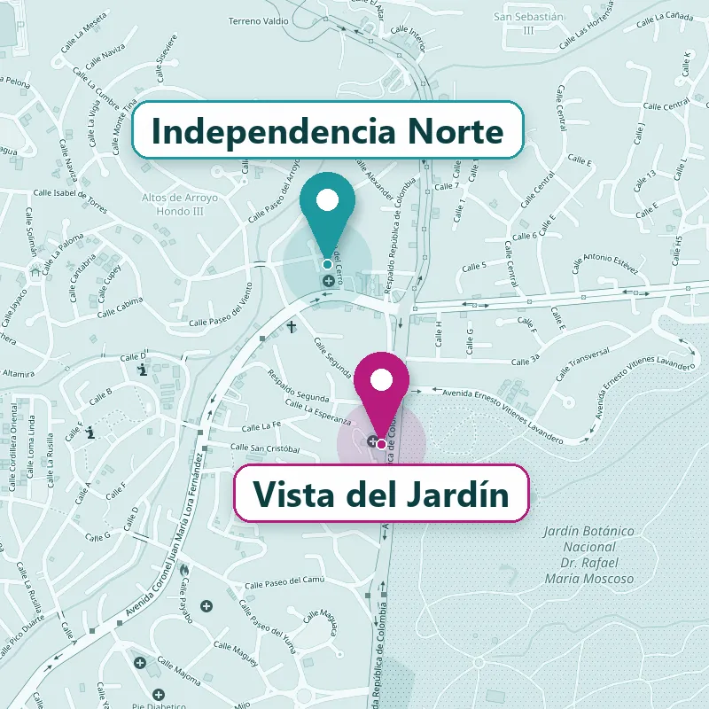 Mapa con la ubicación de los dos centros de consulta: Clínica Independencia Norte y Centro Médico Vista del Jardín, en Santo Domingo